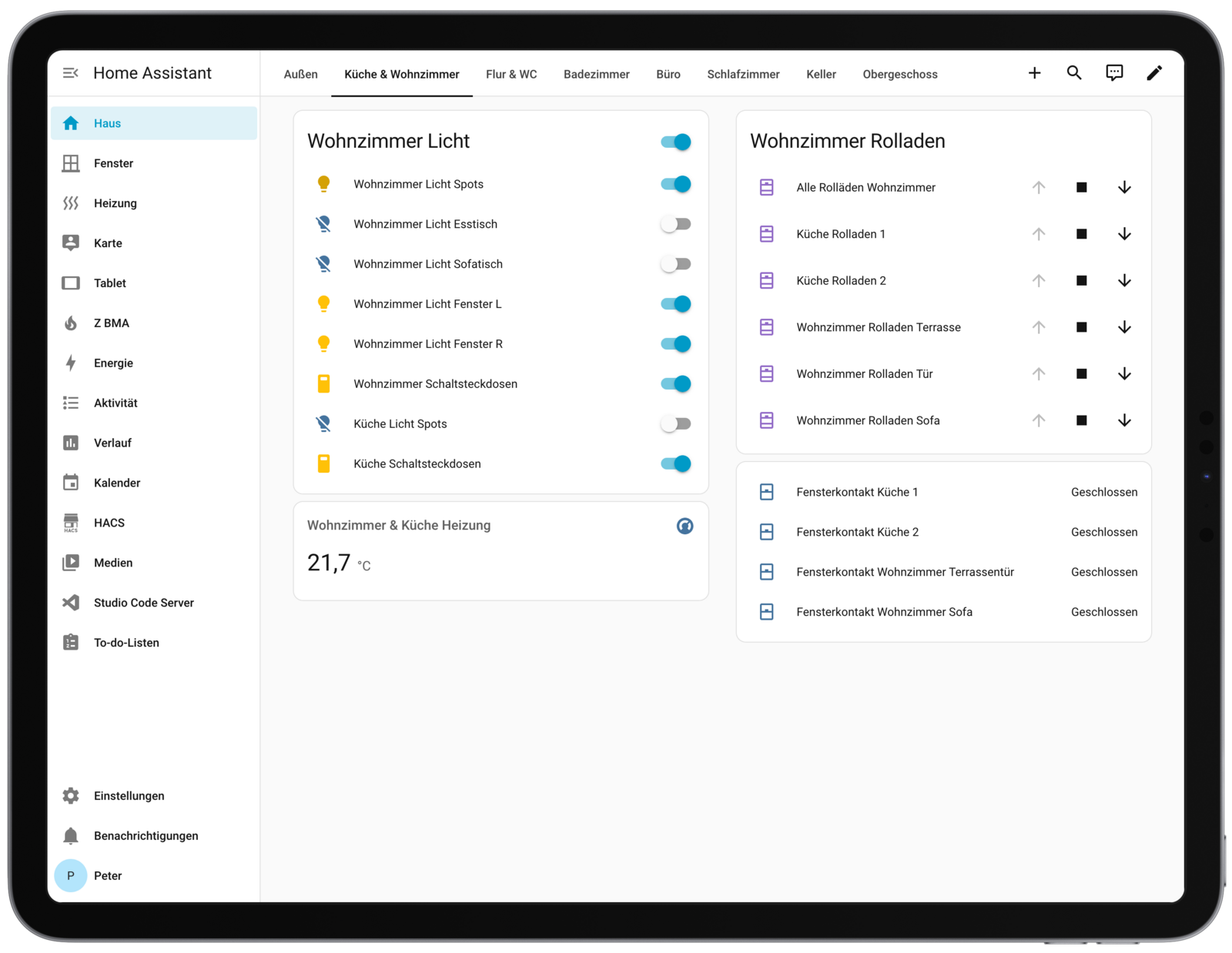 Home Assistant Visualisierung auf Wandtablet mit Steuerung von Licht, Rollläden und Heizung
